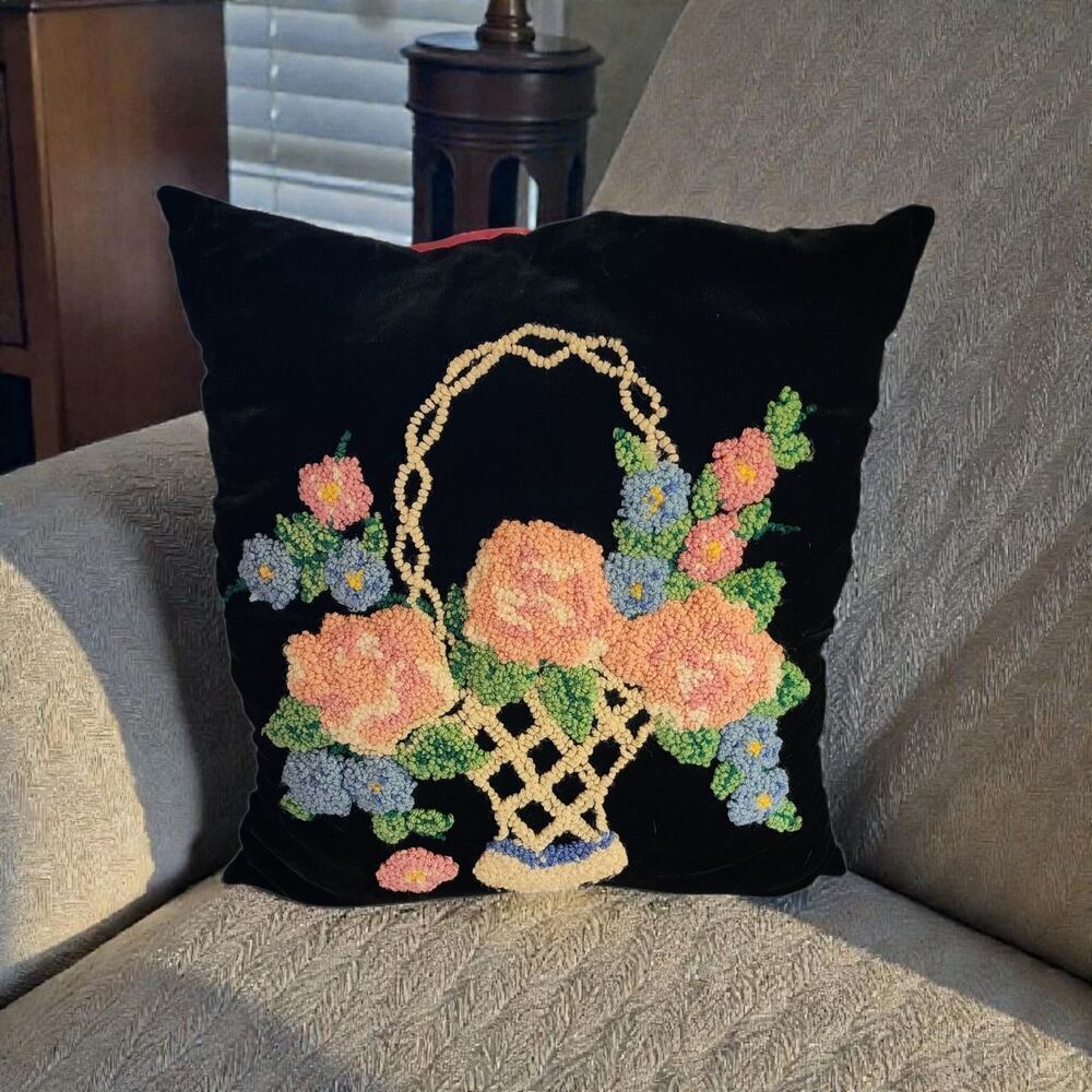 Vintage Amish Velvet Folk Art Basket of Pink Roses Hand Hooked Stumpwork Pillow